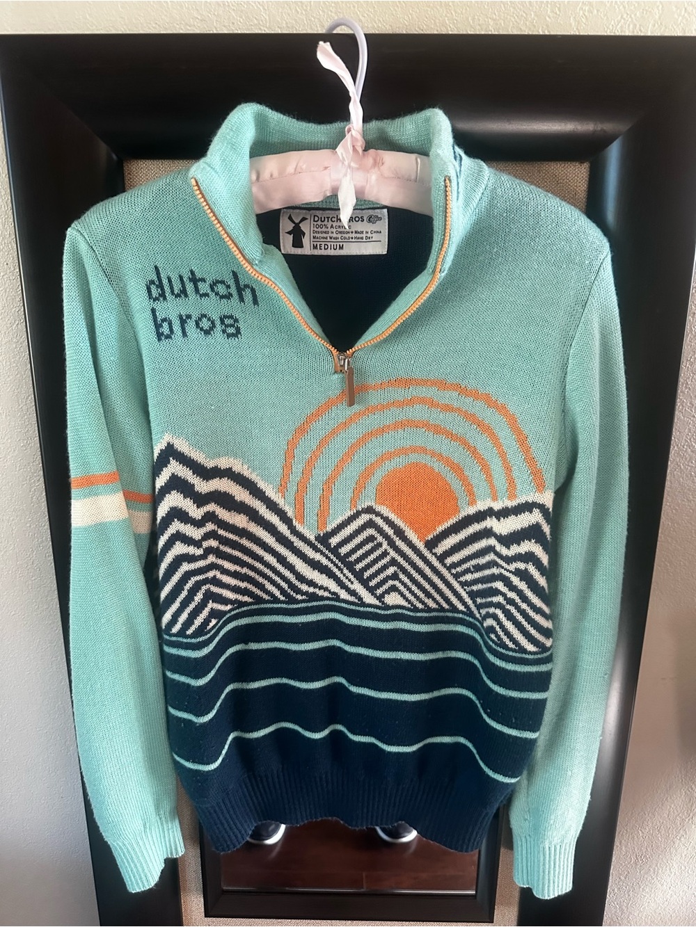 Dutch Bros Aqua and Navy Scenic Zip Pullover